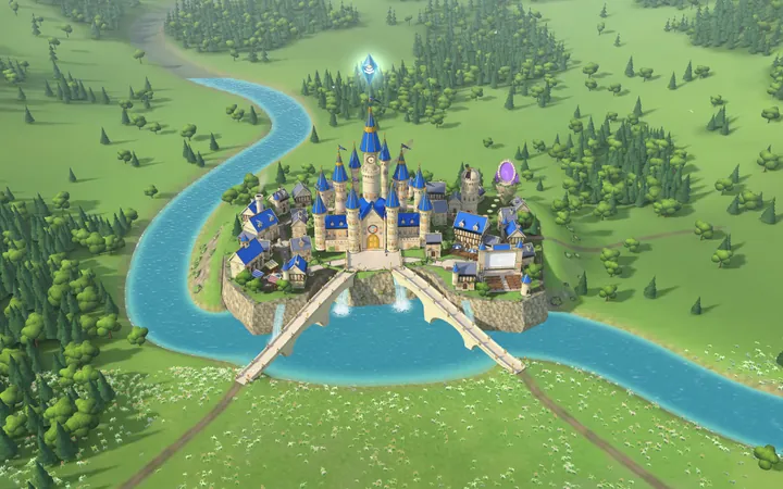 A aldeia da Firmitas em 3D: um palácio azul e dourado no alto de uma colina, rodeado de casas, um rio e florestas.